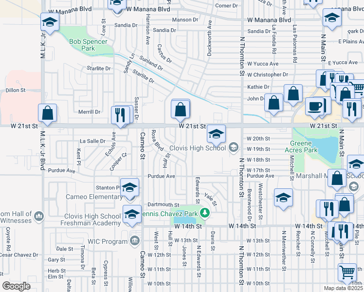 map of restaurants, bars, coffee shops, grocery stores, and more near 2012 Gerry Drive in Clovis