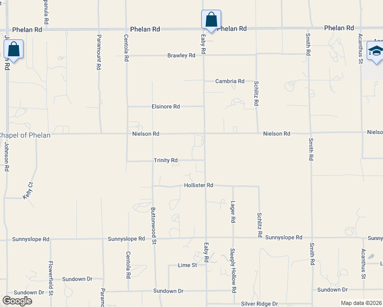 map of restaurants, bars, coffee shops, grocery stores, and more near Eaby Road in Phelan