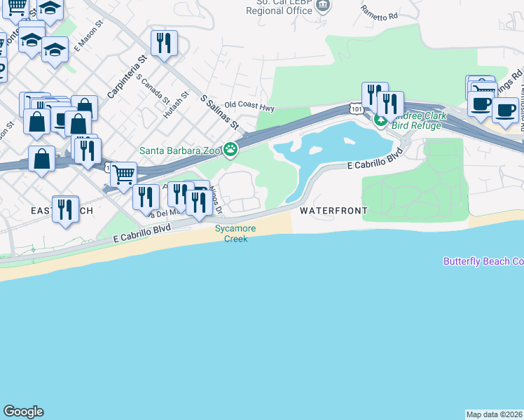 map of restaurants, bars, coffee shops, grocery stores, and more near 655 Del Parque Drive in Santa Barbara
