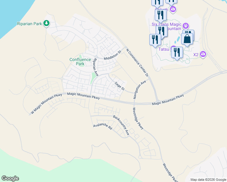 map of restaurants, bars, coffee shops, grocery stores, and more near 25900 Feedmill Road in Los Angeles County