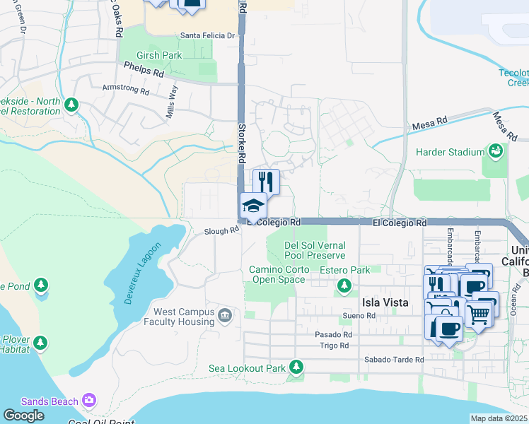 map of restaurants, bars, coffee shops, grocery stores, and more near 6850 El Colegio Road in Santa Barbara