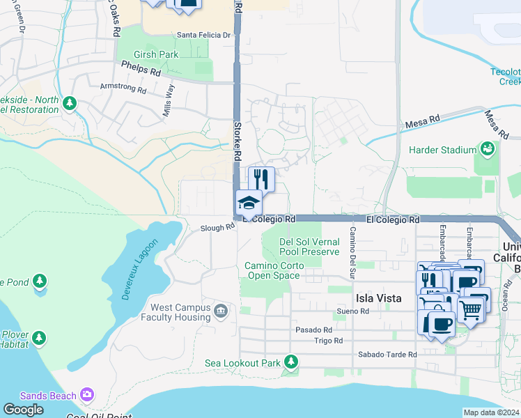 map of restaurants, bars, coffee shops, grocery stores, and more near 6850 El Colegio Road in Santa Barbara