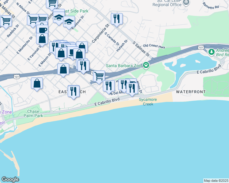 map of restaurants, bars, coffee shops, grocery stores, and more near 930 Orilla Del Mar Drive in Santa Barbara