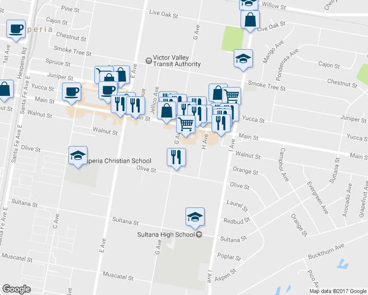 map of restaurants, bars, coffee shops, grocery stores, and more near 9179 G Avenue in Hesperia