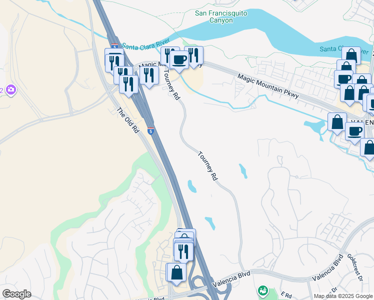 map of restaurants, bars, coffee shops, grocery stores, and more near 27235 Tourney Road in Santa Clarita
