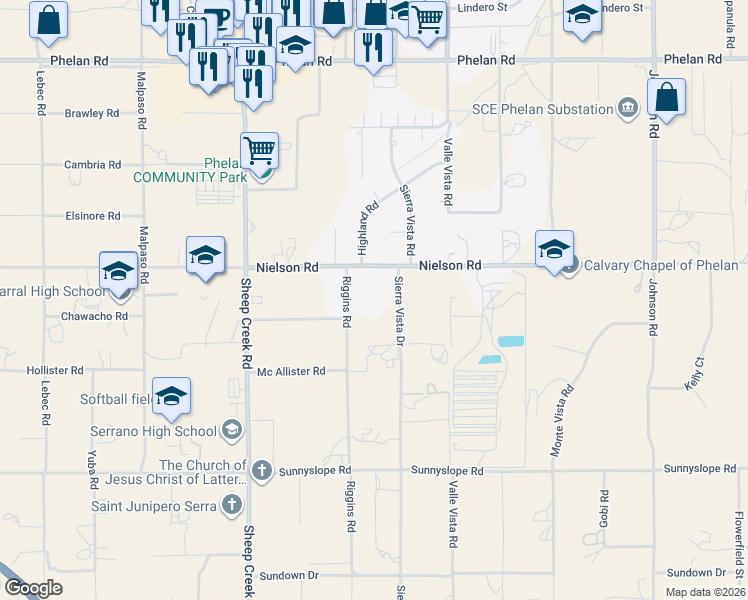 map of restaurants, bars, coffee shops, grocery stores, and more near 9268 Sierra Vista Road in Phelan