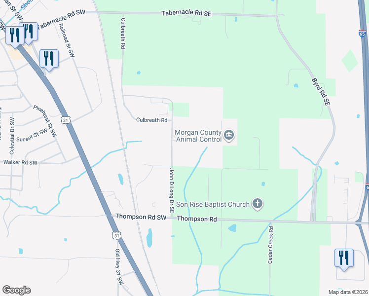 map of restaurants, bars, coffee shops, grocery stores, and more near 1202 Industrial Drive Southeast in Hartselle