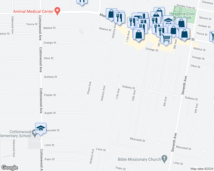 map of restaurants, bars, coffee shops, grocery stores, and more near 9203 Hickory Avenue in Hesperia