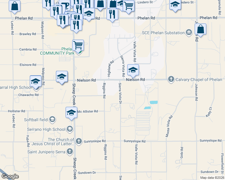 map of restaurants, bars, coffee shops, grocery stores, and more near 9268 Sierra Vista Road in Phelan
