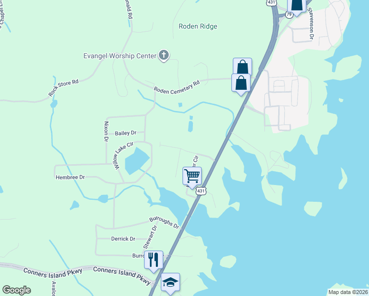 map of restaurants, bars, coffee shops, grocery stores, and more near 96 Kennamer Circle in Guntersville