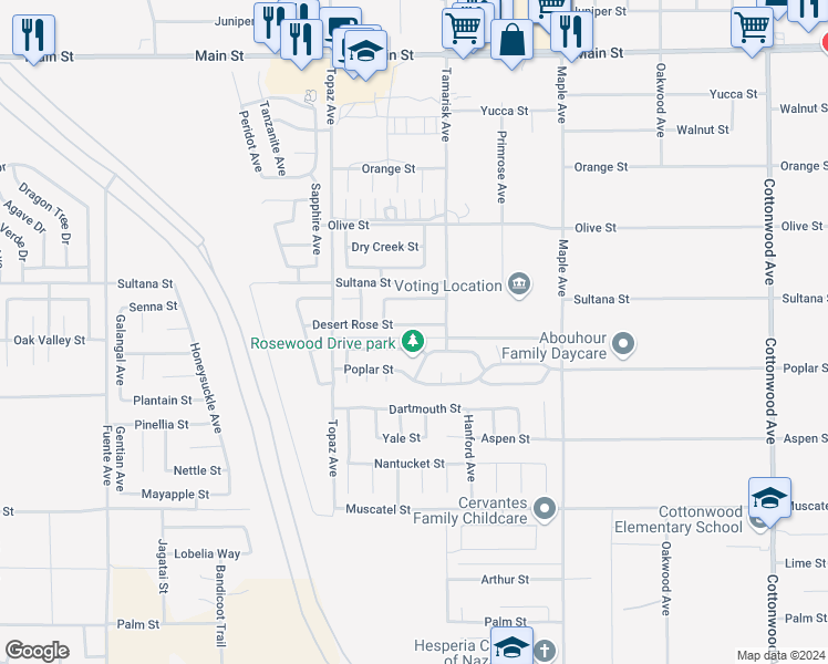 map of restaurants, bars, coffee shops, grocery stores, and more near 14259 Desert Rose Street in Hesperia