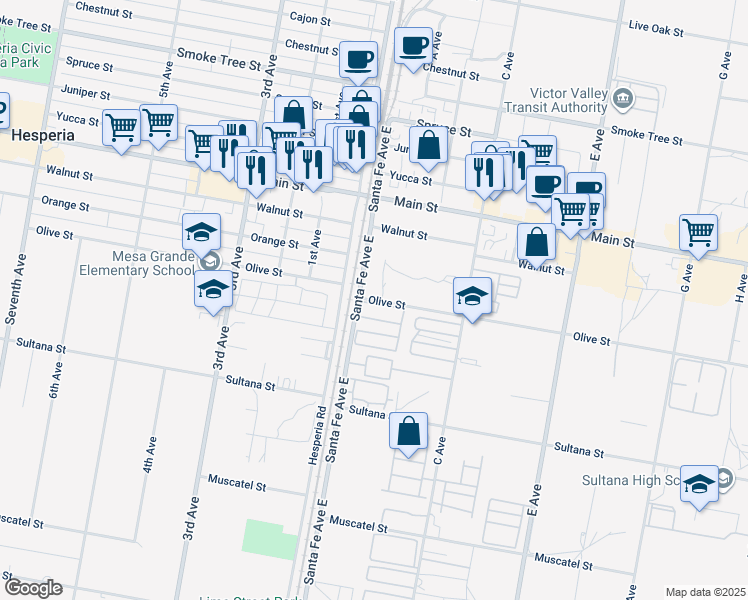 map of restaurants, bars, coffee shops, grocery stores, and more near 3 Olive Street in Hesperia