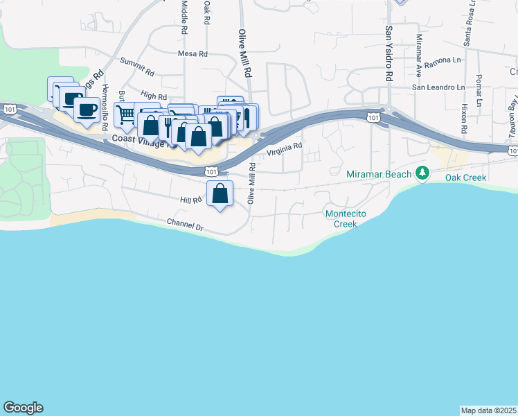map of restaurants, bars, coffee shops, grocery stores, and more near 50 Olive Mill Road in Montecito