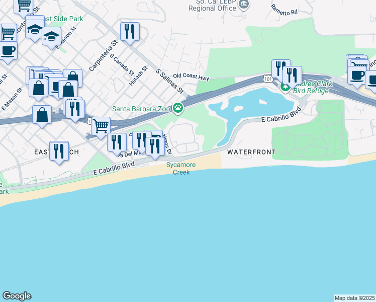 map of restaurants, bars, coffee shops, grocery stores, and more near 657 Del Parque Drive in Santa Barbara