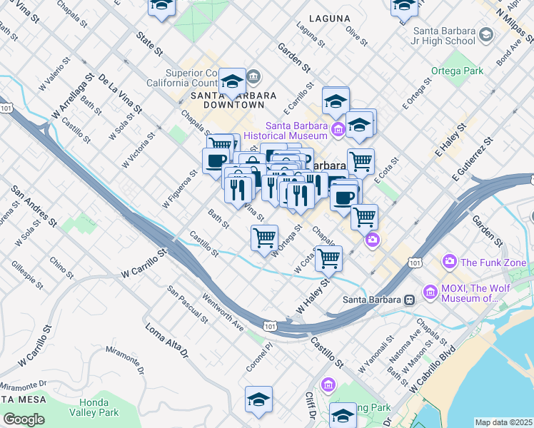 map of restaurants, bars, coffee shops, grocery stores, and more near 133 West De La Guerra Street in Santa Barbara