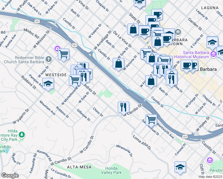 map of restaurants, bars, coffee shops, grocery stores, and more near 1226 San Pascual Street in Santa Barbara