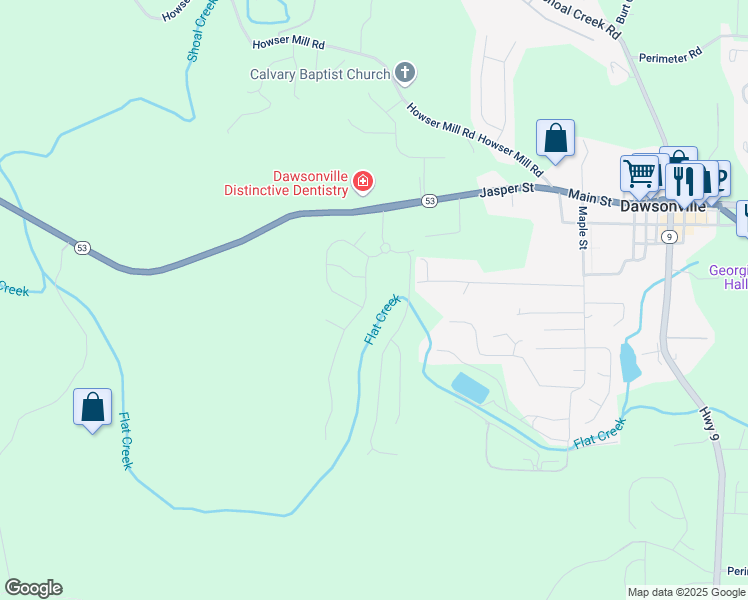 map of restaurants, bars, coffee shops, grocery stores, and more near 105 Flowing Trail in Dawsonville