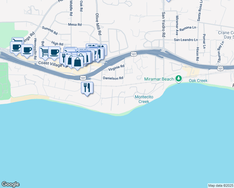 map of restaurants, bars, coffee shops, grocery stores, and more near 67 Seaview Drive in Montecito