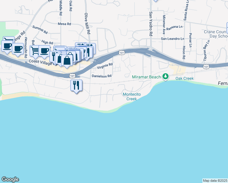 map of restaurants, bars, coffee shops, grocery stores, and more near 86 Seaview Drive in Montecito