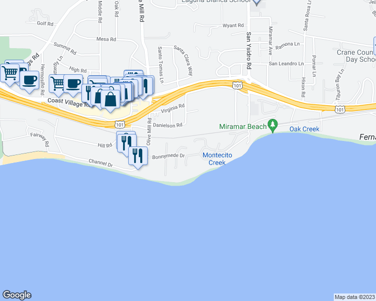 map of restaurants, bars, coffee shops, grocery stores, and more near 86 Seaview Drive in Montecito