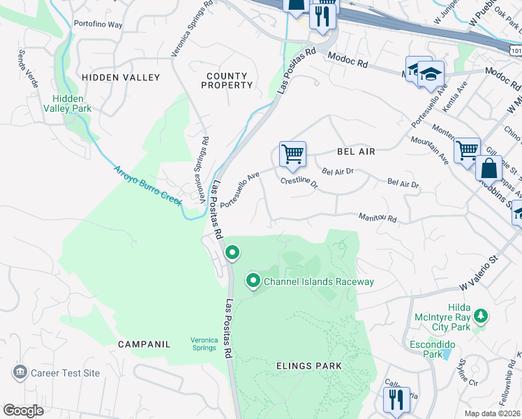 map of restaurants, bars, coffee shops, grocery stores, and more near 1527 Live Oak Lane in Santa Barbara