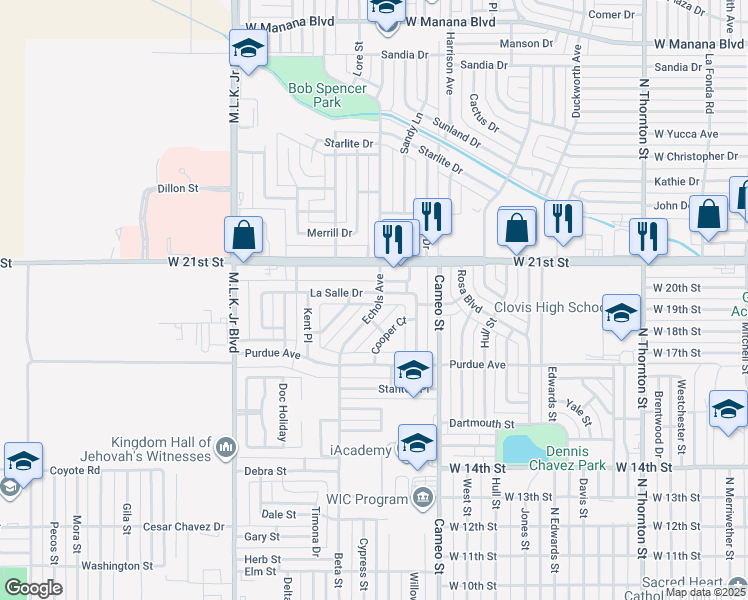 map of restaurants, bars, coffee shops, grocery stores, and more near 301 La Salle Drive in Clovis