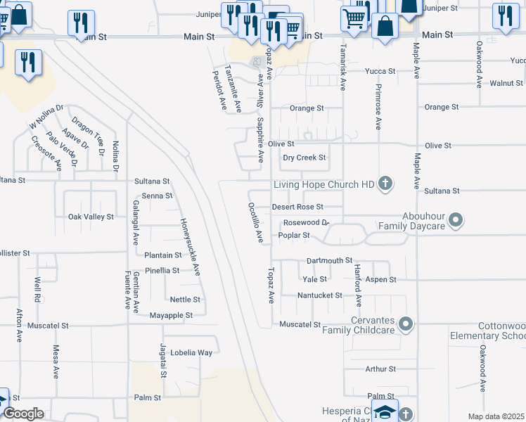 map of restaurants, bars, coffee shops, grocery stores, and more near 14081 Desert Rose Street in Hesperia