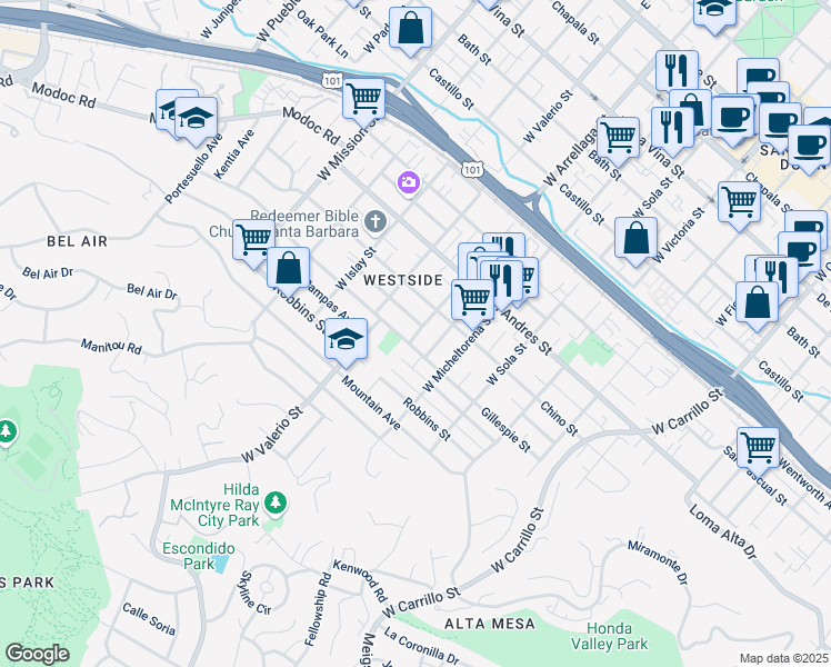 map of restaurants, bars, coffee shops, grocery stores, and more near 835 West Arrellaga Street in Santa Barbara