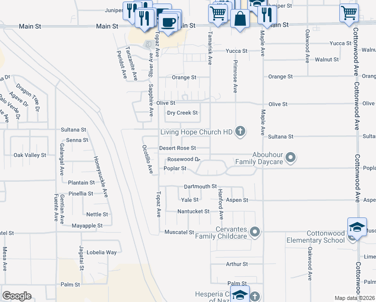 map of restaurants, bars, coffee shops, grocery stores, and more near 14223 Desert Rose Street in Hesperia