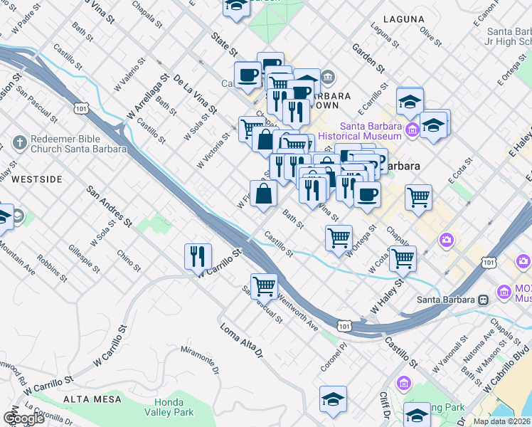 map of restaurants, bars, coffee shops, grocery stores, and more near 318 West Carrillo Street in Santa Barbara