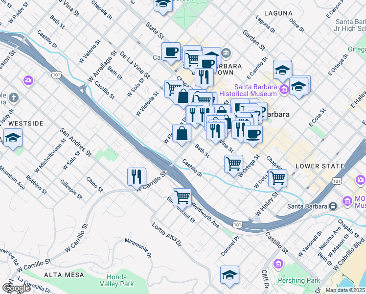 map of restaurants, bars, coffee shops, grocery stores, and more near 318 West Carrillo Street in Santa Barbara