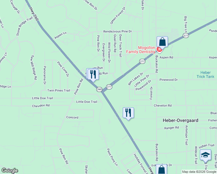 map of restaurants, bars, coffee shops, grocery stores, and more near 2008 Arizona 277 in Heber-Overgaard
