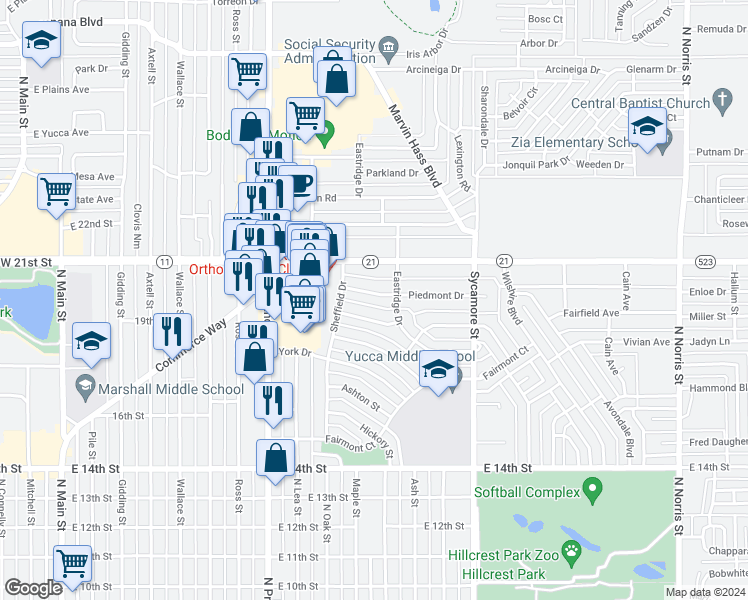 map of restaurants, bars, coffee shops, grocery stores, and more near 1317 Piedmont Drive in Clovis