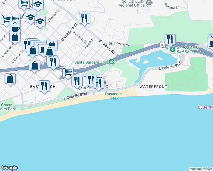 map of restaurants, bars, coffee shops, grocery stores, and more near Ninos Drive & Por La Mar Circle in Santa Barbara