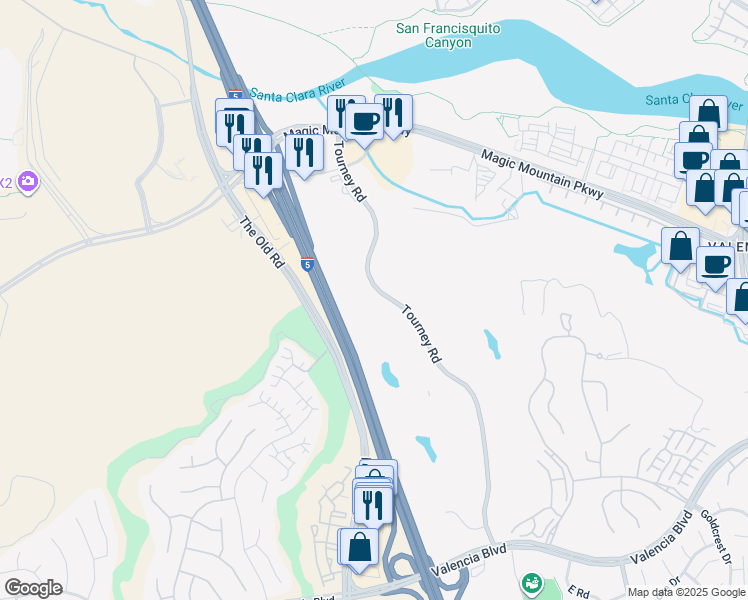 map of restaurants, bars, coffee shops, grocery stores, and more near 27235 Tourney Road in Santa Clarita