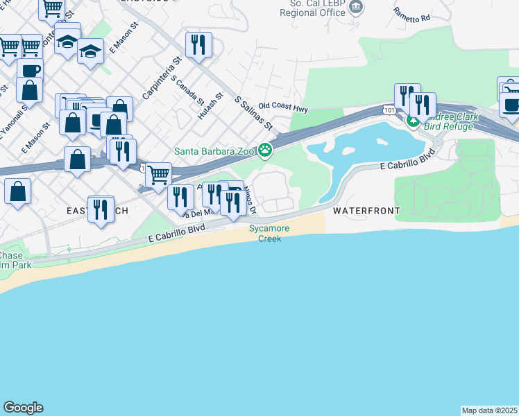 map of restaurants, bars, coffee shops, grocery stores, and more near 671 Del Parque Drive in Santa Barbara