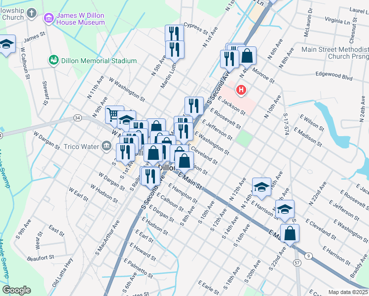 map of restaurants, bars, coffee shops, grocery stores, and more near 299 North 4th Avenue in Dillon