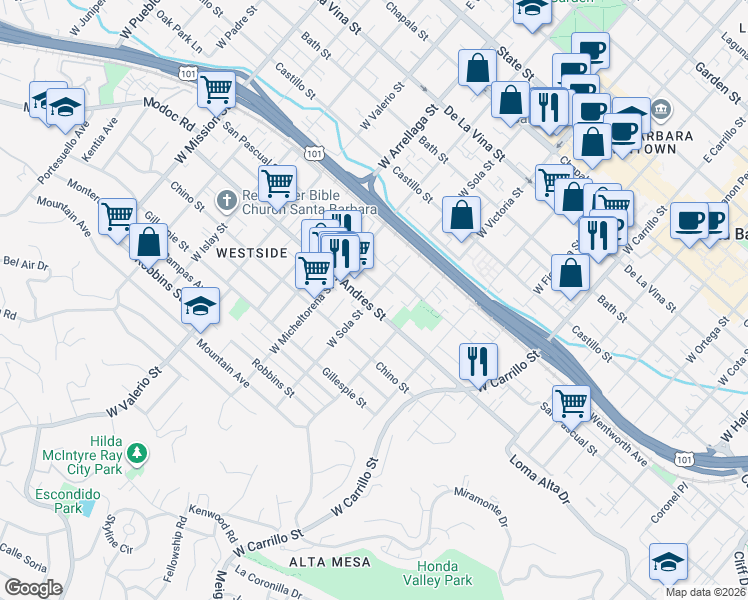 map of restaurants, bars, coffee shops, grocery stores, and more near 631 West Sola Street in Santa Barbara