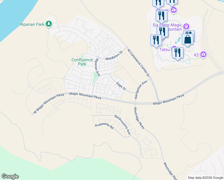 map of restaurants, bars, coffee shops, grocery stores, and more near 25900 Feedmill Road in Los Angeles County