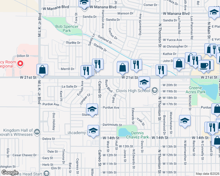 map of restaurants, bars, coffee shops, grocery stores, and more near 205 Rosa Boulevard in Clovis