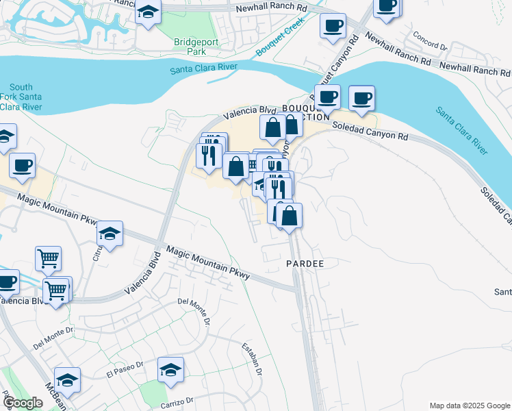 map of restaurants, bars, coffee shops, grocery stores, and more near 26087 Bouquet Canyon Road in Santa Clarita