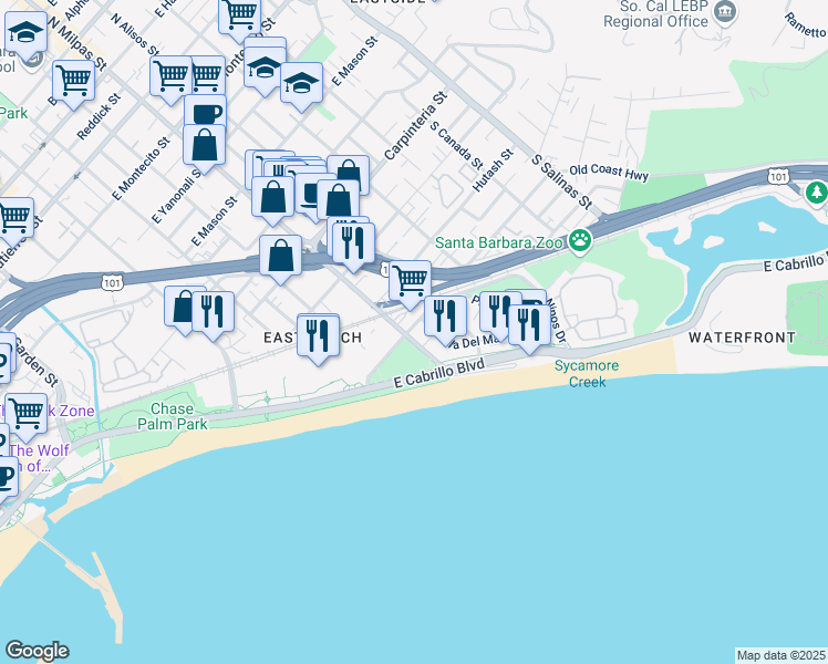 map of restaurants, bars, coffee shops, grocery stores, and more near 415 South Milpas Street in Santa Barbara