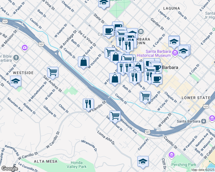 map of restaurants, bars, coffee shops, grocery stores, and more near 1025 Castillo Street in Santa Barbara