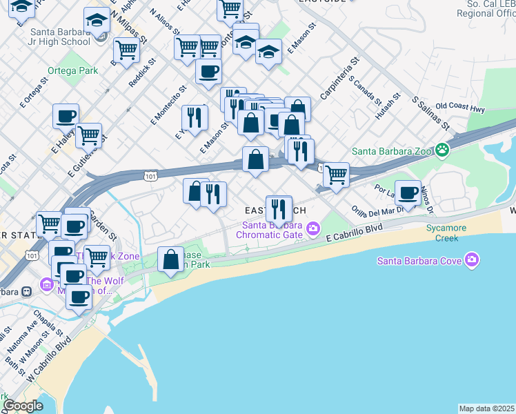 map of restaurants, bars, coffee shops, grocery stores, and more near 147 South Quarantina Street in Santa Barbara