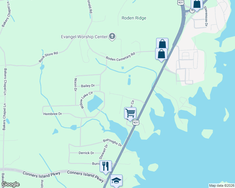 map of restaurants, bars, coffee shops, grocery stores, and more near 436 Willow Lake Circle in Guntersville