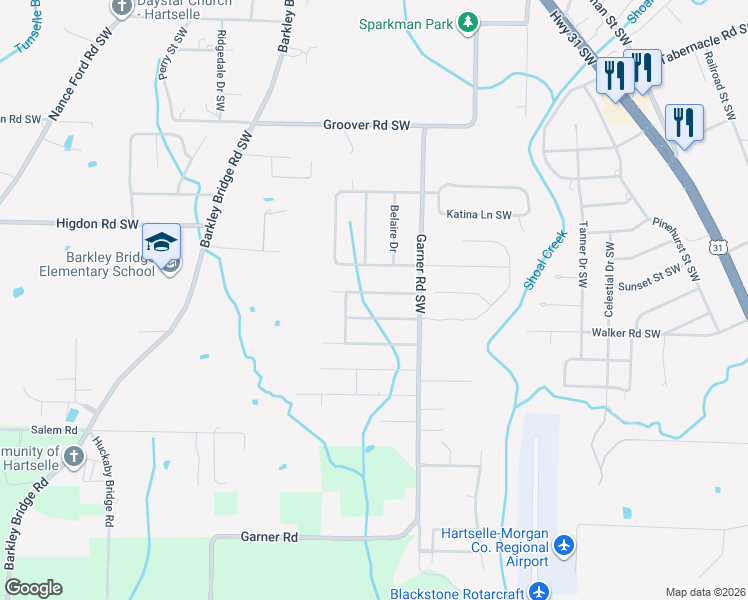 map of restaurants, bars, coffee shops, grocery stores, and more near 609 Morning Glory Drive Southwest in Hartselle