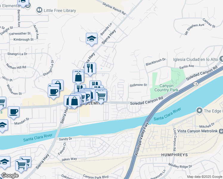 map of restaurants, bars, coffee shops, grocery stores, and more near 18145 Soledad Canyon Road in Santa Clarita