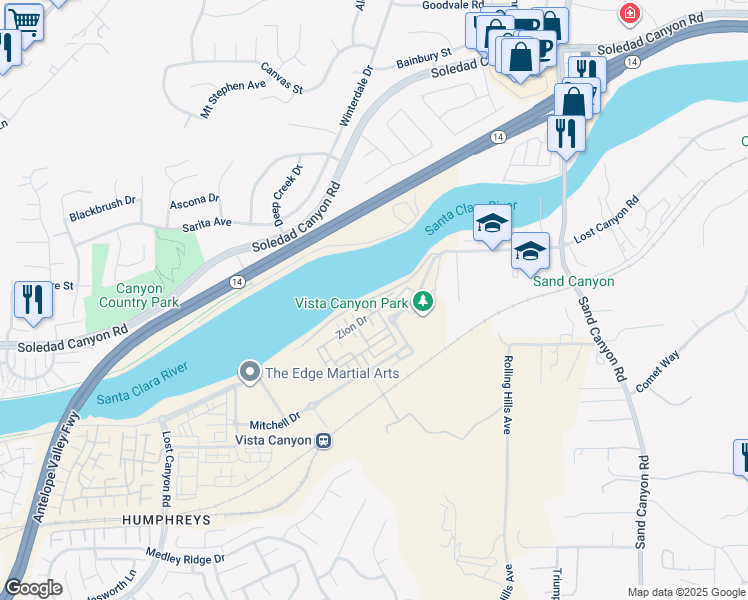 map of restaurants, bars, coffee shops, grocery stores, and more near 17028 Zion Drive in Santa Clarita