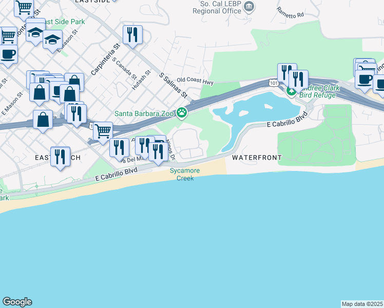 map of restaurants, bars, coffee shops, grocery stores, and more near 645 Costa Del Mar in Santa Barbara