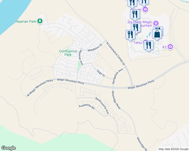 map of restaurants, bars, coffee shops, grocery stores, and more near 25900 Feedmill Road in Los Angeles County